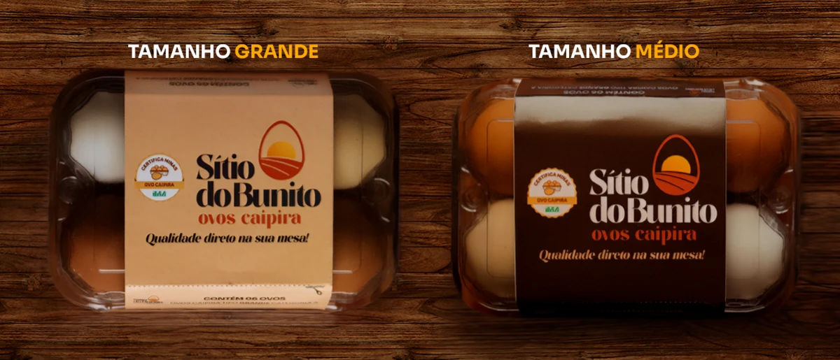 Bandejas de 6 ovos caipira Sítio do Bunito, nos tamanhos grande e médio