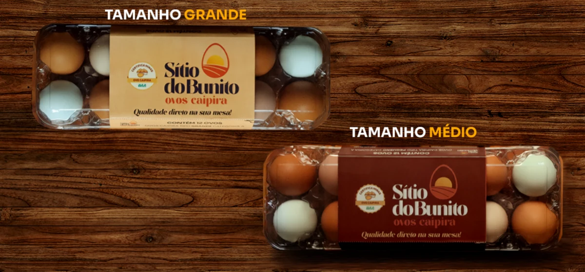 Bandejas de 12 ovos caipira Sítio do Bunito, nos tamanhos grande e médio
